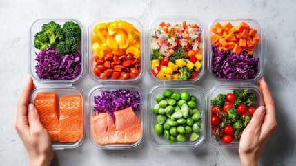 Colorful meal prep containers filled with fresh vegetables and salmon, ideal for healthy eating and meal planning.