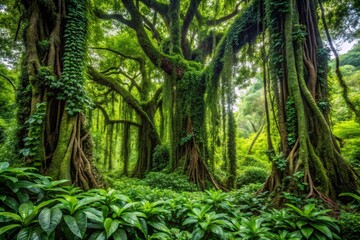 Naklejka premium Lush green forest featuring towering trees, vibrant foliage, and dense undergrowth, creating a serene and tranquil atmosphere.