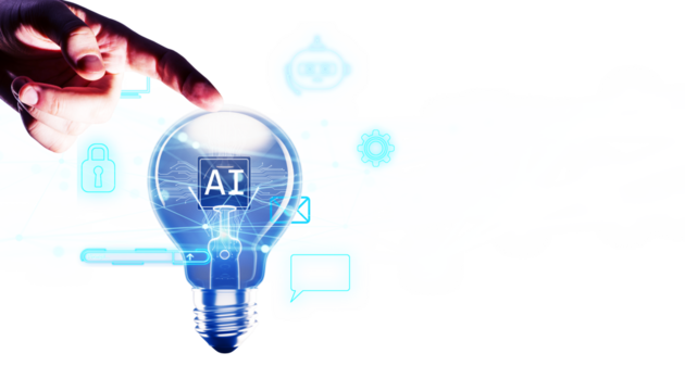 A hand points at a light bulb with an AI symbol inside, surrounded by technology icons on a white background, representing artificial intelligence and innovation