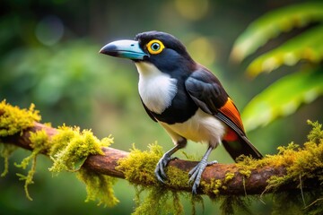 Fototapeta premium Vibrant Guacharo bird, with its striking black and white plumage, perches on a moss-covered branch, its large eyes shining in the dimly lit rainforest atmosphere.
