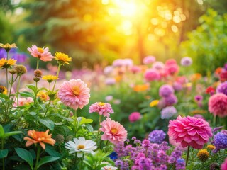 Obraz premium Vibrant horizontal background featuring a blooming garden with pastel-colored flowers, lush greenery, and a soft focus effect, evoking a sense of serenity and renewal.