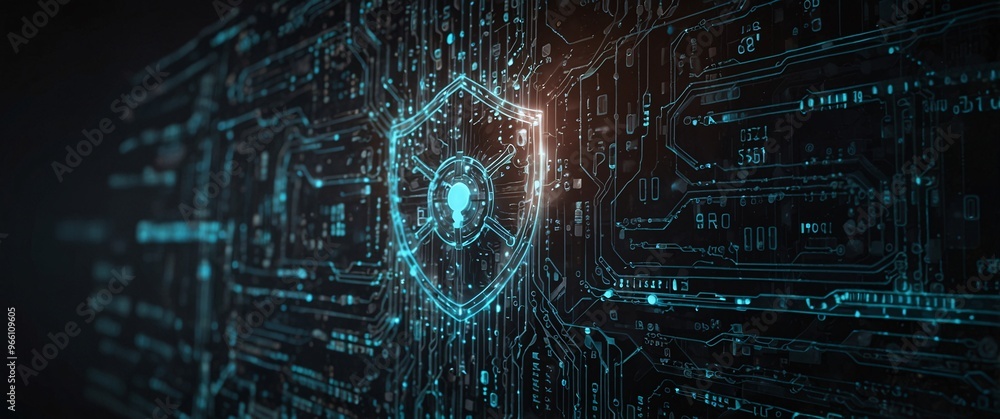 Poster cybersecurity shield: a digital shield glows with protective energy, symbolizing robust digital secu