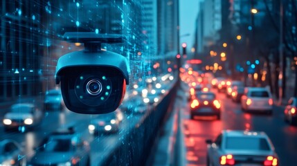 Security camera with digital overlay against a blurry city backdrop at night.