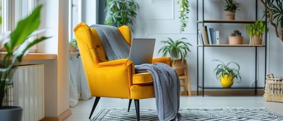 Comfortable home office with cozy seating and laptop, perfect for digital nomads, promoting work life balance, bright and inviting space