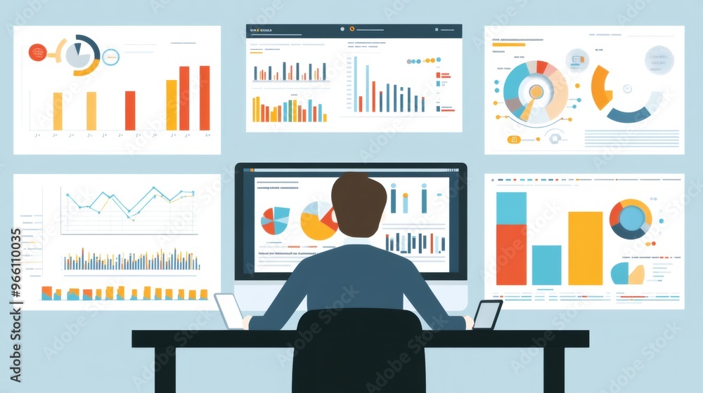 Poster businessman analyzing charts and graphs on a computer screen.