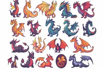 Fototapeta premium Funny dragons doodle set, cartoon dino, graphic dinosaurs isolated, monster animals