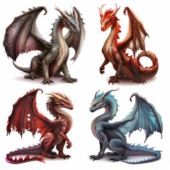 Dragons icon set, dino symbols, 3d realistic dinosaurs isolated, monster animals