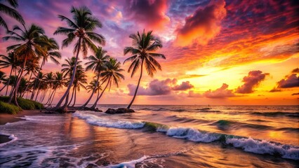 Vibrant orange and pink hues illuminate a tranquil seaside scene, with palm trees silhouetted against a serene sky as waves gently lap at the shoreline.