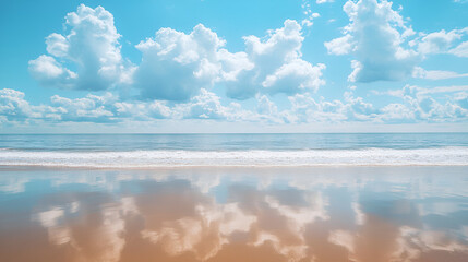 Bright beautiful seascape, sandy beach, clouds reflected in the water, natural minimalistic background and texture Bright beautiful seascape sandy beach clouds reflect, Generative AI