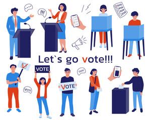 Various voting elements: debates, people protesting, filling out ballots in the voting booth, throwing into the ballot box, voting online.