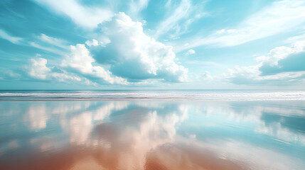 Bright beautiful seascape, sandy beach, clouds reflected in the water, natural minimalistic background and texture Bright beautiful seascape sandy beach clouds reflect, Generative AI