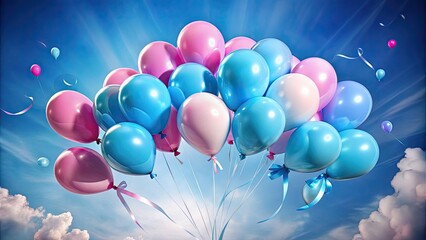 Vibrant pink and blue balloons, tied with a white ribbon, floating upwards, symbolizing the excitement and joy of revealing a baby's gender at a celebration.