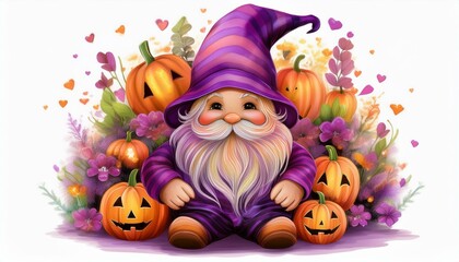 Fototapeta premium A whimsical gnome in a purple hat surrounded by pumpkins and flowers, perfect for Halloween-themed decorations and illustrations.