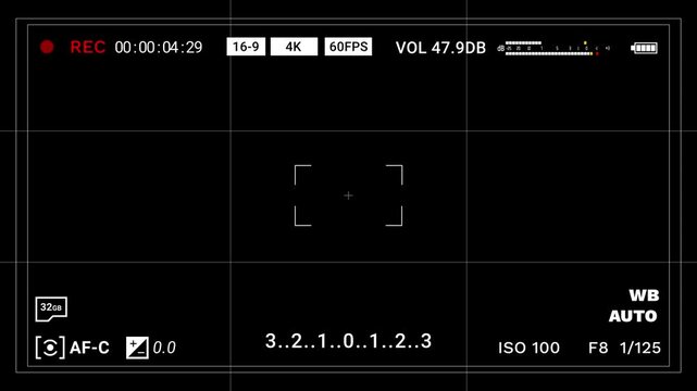 Overlay of a video recording screen with iso, aperture, recording speed, volume indicator, exposure,