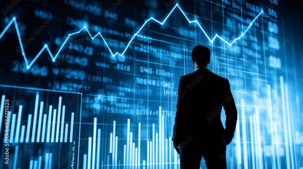 Aufkleber businessman silhouetted in front of a screen displaying financial data and charts.