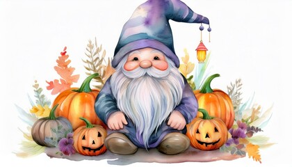 Naklejka premium Charming gnome with pumpkins and autumn leaves creates a whimsical fall scene. Perfect for Halloween or seasonal decor.