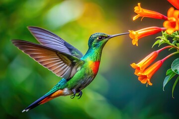 Fototapeta premium Vibrant rainbow-hued hummingbird with iridescent feathers and long, slender beak sips nectar from a bright orange trumpet-shaped flower in a lush green jungle setting.