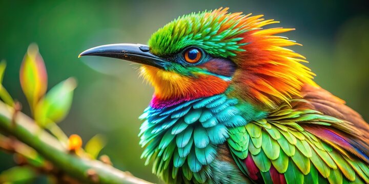 Vibrant plumage shines on this stunning bird, its emerald feathers glistening in sunlight, showcasing nature's splendor with intricate details and captivating colors.