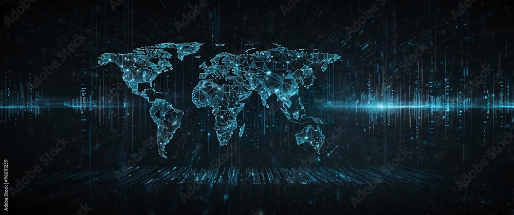 Poster global connectivity: a digital world map, rendered in shimmering blue and digital code, illuminates 