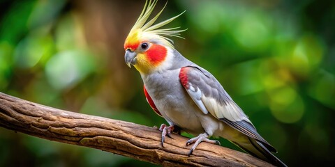 Fototapeta premium Vibrant Red Cockatiel Perched On A Branch, Its Crest Raised High, With A Curious Expression In Its Dark Eyes.