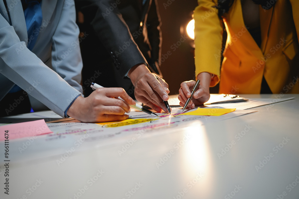 Poster business people analyzing data using sticky notes on a white table