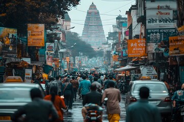 Crowded Indian city street at rush hour with people walking
