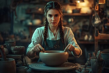 Young woman potter with braided hair wearing an apron at a pottery studio