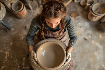 Young woman potter with braided hair wearing an apron at a pottery studio