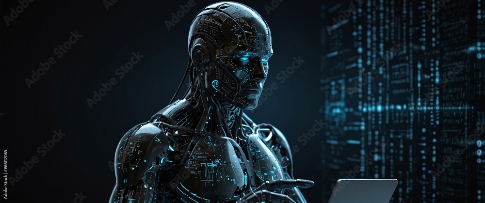 Poster cybernetic scholar: a hyperrealistic android, bathed in the glow of digital code, contemplates data 