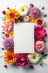 Vertical Top View of a Blank Card Surrounded by Colorful Abstract Flowers for Creative Projects and Invitations