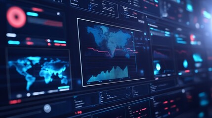 Close up of a computer screen displaying a world map, graphs and charts in blue and red.