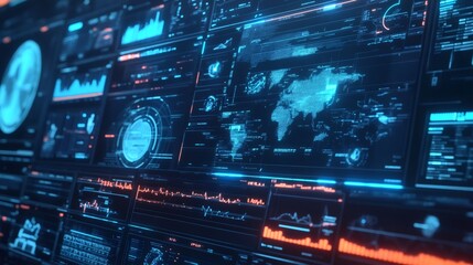 Close up of a computer screen with futuristic data visualizations.