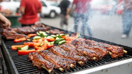 Cozy grill truck at a neighborhood block party, smoke billowing from the grill, people enjoying ribs and grilled vegetables