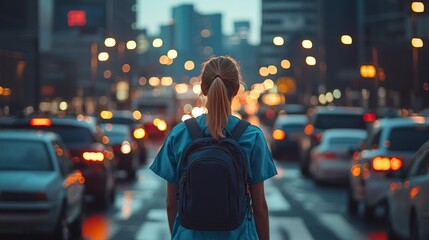 Medical Professional Walking Through City Traffic at Dusk