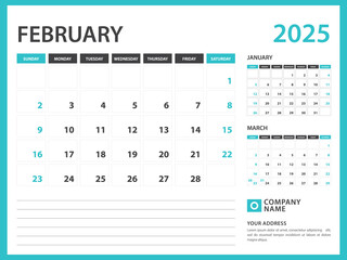 Monthly calendar template for 2025 year. February 2025 year, Week Starts on Sunday, Desk calendar 2025 design, Wall calendar, planner design, stationery, printing media, advertisement, vector