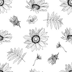 Hand drawn pencil graphic illustration seamless pattern of vintage flowers
