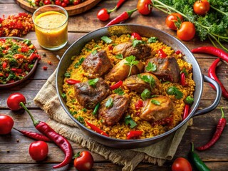 Vivid And Colorful Scene Of A Traditional Nigerian Dish, Richly Seasoned With Spices And Vibrant Ingredients, Capturing The Essence Of Authentic African Cuisine.