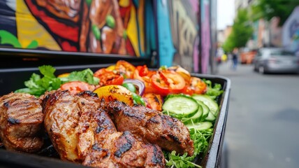 Streetside grill truck offering grilled vegetables and meats, set up in a vibrant urban alleyway filled with murals and street art