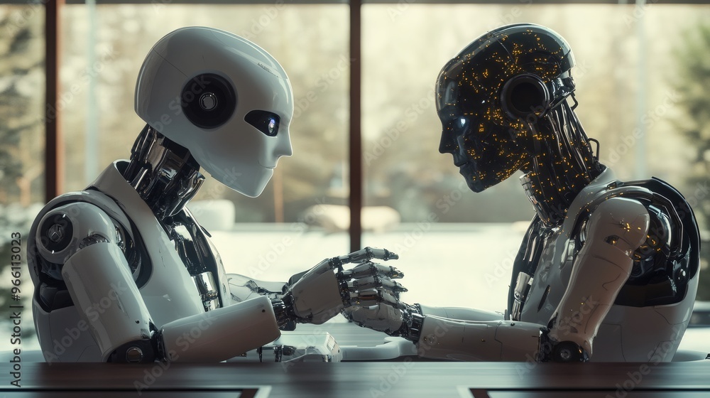 Aufkleber two futuristic robots with glowing circuits are sitting at a table and looking at each other.