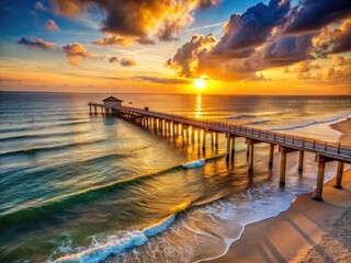Obraz premium Warm sandy shores and gentle Gulf waves surround a picturesque pier at sunset, highlighting the serene beauty of Alabama's coastal landscape.