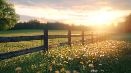 Obraz premium Scenic countryside field at sunset with a wooden fence and wildflowers