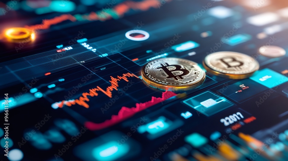 Poster close-up of a bitcoin cryptocurrency coin lying on a digital screen with financial data.