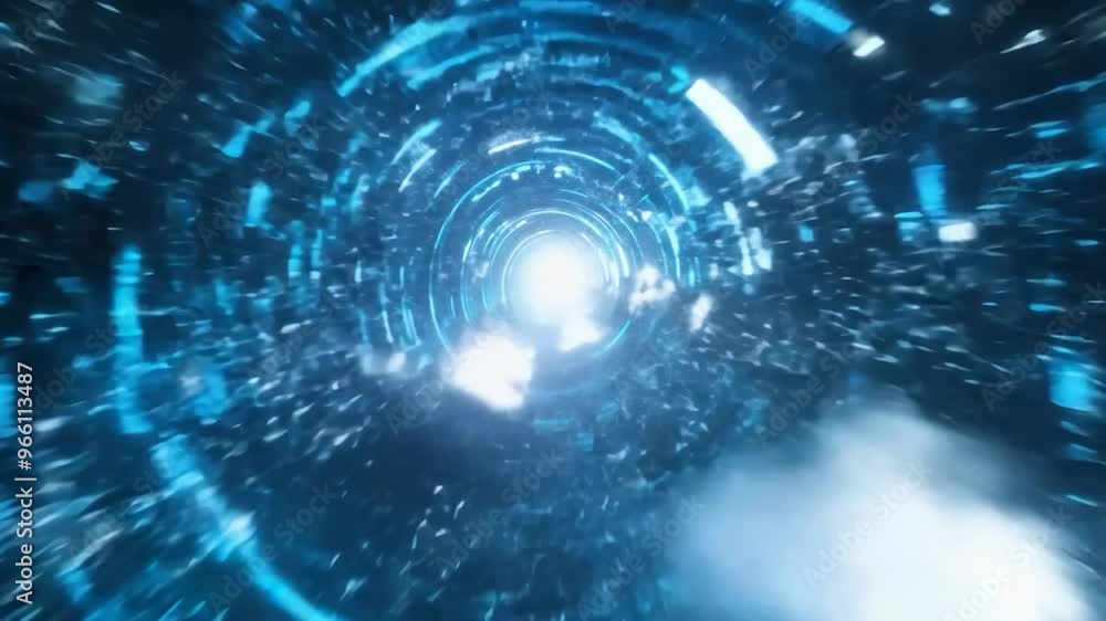 Poster blue lights glow in a mesmerizing tunnel on a dark background, creating a seamless loop. perfect for