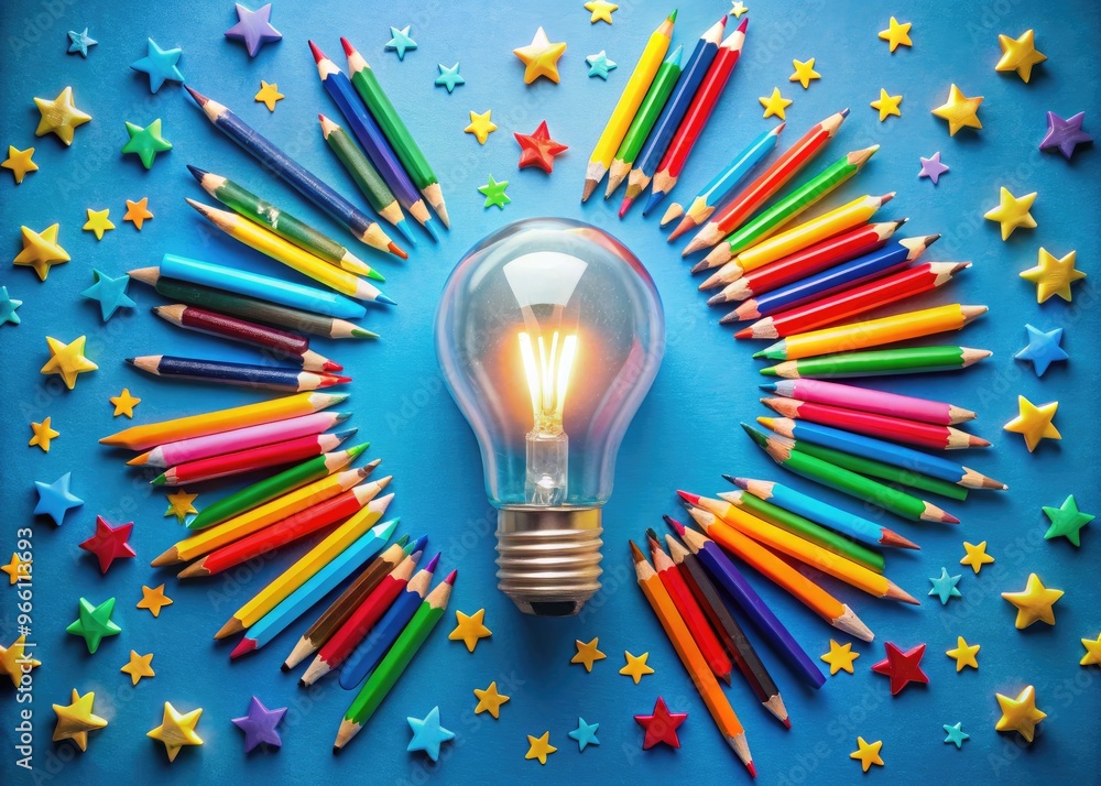 Wall mural Whimsical illustration of a bright lightbulb surrounded by colorful pencils, papers, and stars, symbolizing creative brainstorming and innovative thoughts in a playful atmosphere.