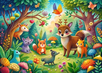 Whimsical Forest Scene With Stylized Animal Characters Frolicking Beneath Vibrant And Whimsical Foliage