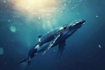 Fototapeta premium Fantastically beautiful majestic huge whale in ocean