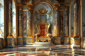 Fototapeta premium Fantastically beautiful throne of power of king or queen in throne room for coronation