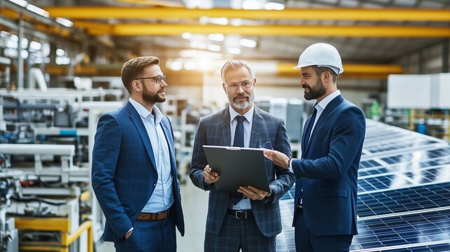Business professionals discussing solar energy solutions in a manufacturing facility during the afternoon