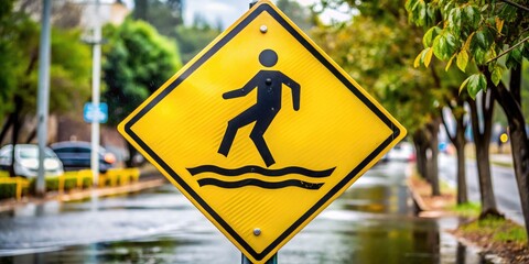 Yellow diamond-shaped traffic sign with bold black font and illustration of pedestrian slipping, warning of hazardous road conditions when wet.