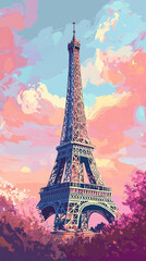 Vertical illustration of the Eiffel Tower, Paris, France
